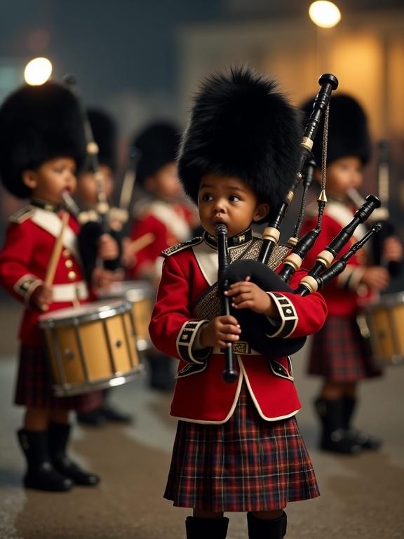 Hello night time photograph. Scottish military bagpipe band performing. Babies dressed in military uniforms. Some playing drums others playing bagpipes. Black baby in foreground playing bagpipes. Crowded background. Lighting shows night parade. Babies look focused and expressive.