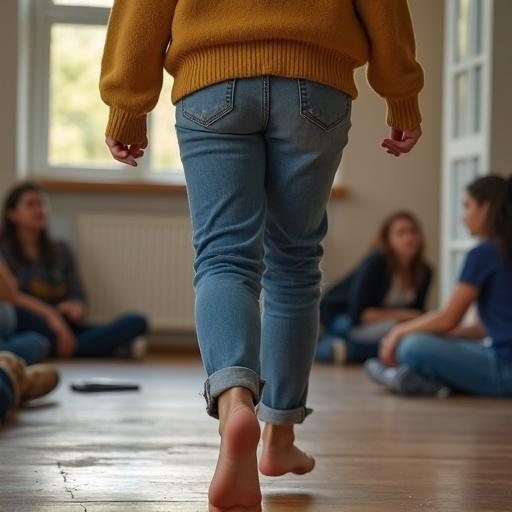 Barefoot girl walks in jeans over classmates laying on the floor in a group setting. Natural light illuminates the space. The scene captures a moment of interaction among friends.