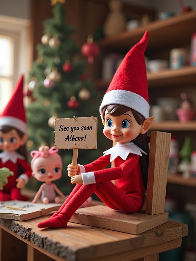 Elf doll sitting in a toy workshop with Santa. Sign says See you soon Athena. Christmas decorations and toys in the background.