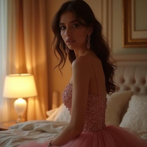 Model poses in a pink evening gown in a stylish bedroom with soft lighting. Warm bedside lamp accentuates features. Textured bedding enriches the scene. Shot from a low angle to highlight gown's elegance. Blurry background isolates subject.