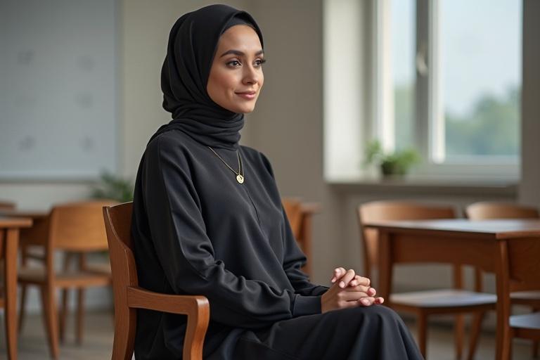 Adult woman wearing hijab sitting in a classroom. She is crossed legged and calm. Focus on her expression. Side view shows classroom atmosphere with wooden chairs and plants.