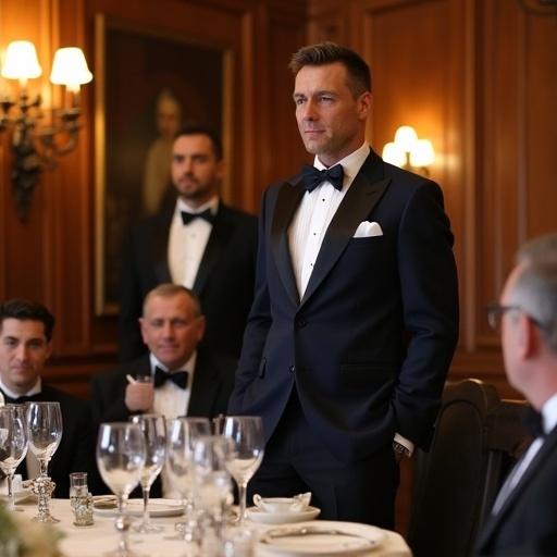 Host stands in dark navy dinner jacket and bow tie in elegant dining room. Guests arrive wearing sport coats and ties. Table set with fine china and silver candlesticks. Rich wood paneling and classic artwork enhance ambiance of formal dinner.