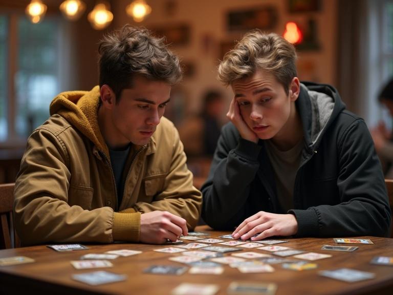 Two young adults sit at a table looking confused while playing a Star Wars themed card game. They wear geeky casual outfits. The table is full of cards. The setting has nerdy decorations. The lighting is warm and creates a cozy environment.
