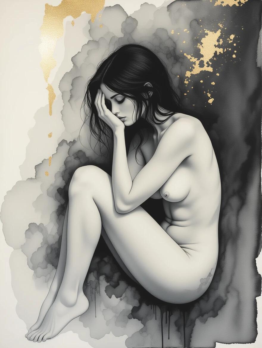 Conceptual art featuring a minimalist black and white figure. Demonstrates shyness using 3D representation. Artistic styles include ink wash technique on weathered parchment paper. Picture captures elegance and ethereal quality with high contrast and distressed textures.