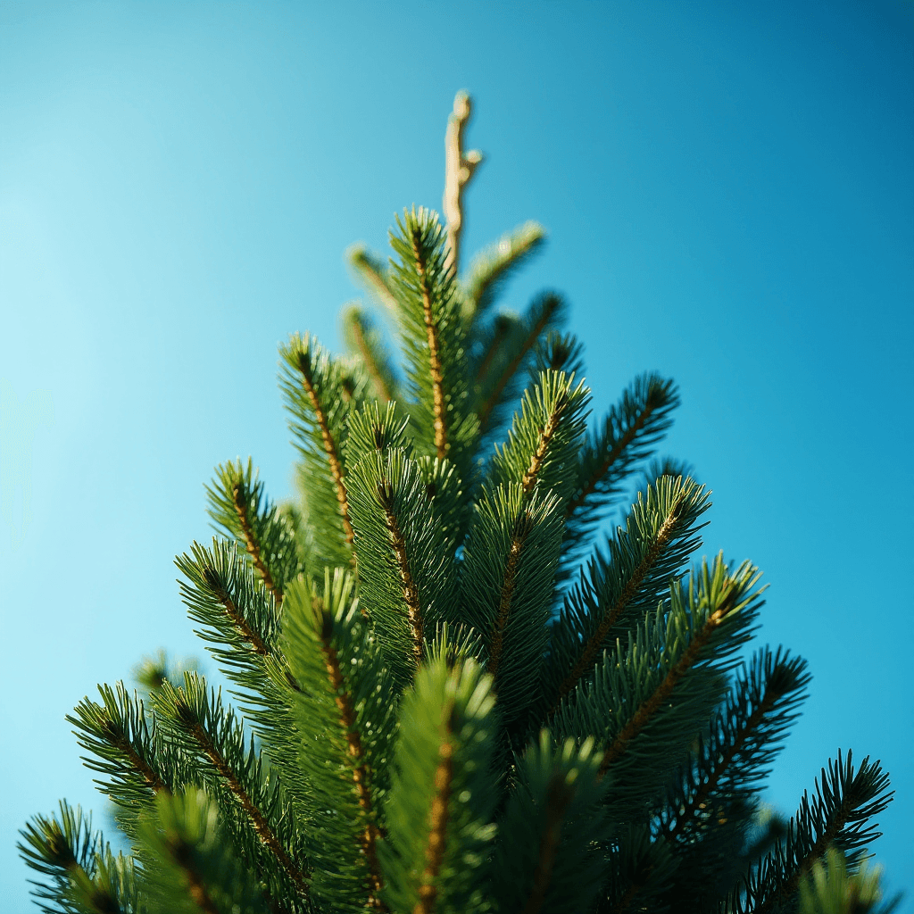 A close-up view of a lush evergreen tree under a clear blue sky.