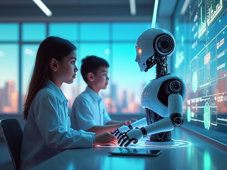Design a cinematic 4K digital illustration. Show a young Saudi boy and girl programming a humanoid robot in a high-tech classroom. Students wear modern uniforms with futuristic designs. They interact with the robot surrounded by holographic screens and AI circuits. A large glass window shows a futuristic skyline. Use vibrant colors to evoke innovation.