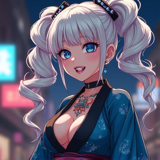 Anime illustration of a modern woman. She has blue eyes and a beautiful face. Long light blonde pigtails styled. Edgy ninja battle kimono. Night scene in Chicago. Violent grin. Half Japanese half Saiyan. Summer theme. Light pink lipstick. Colorful tattoos. Modern martial arts arena.