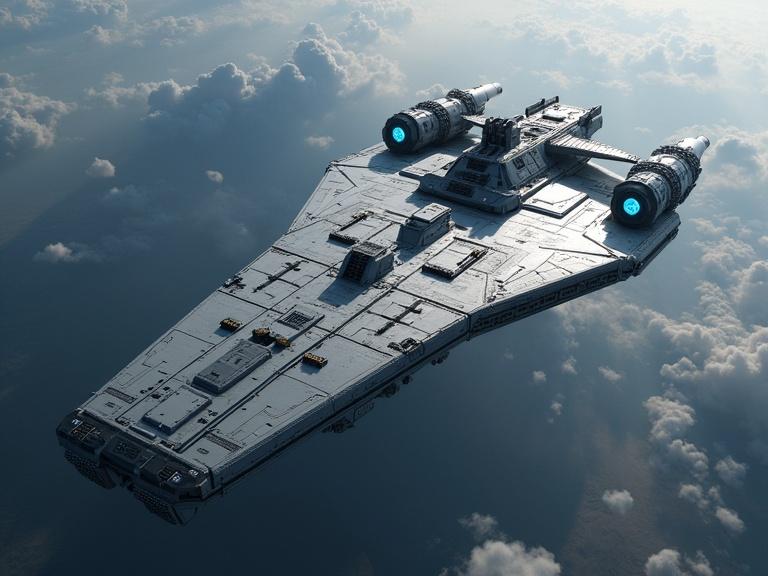 Detailed image of a military starship with a long grey wide rectangular body. Starship has blue engines and is set in the troposphere. Focus on realism with intricate details textures and shadows in 4K.