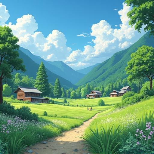 Beautiful summer rural scenery in Japan with mountains and traditional houses. Lush green fields alongside a winding path. Fluffy clouds in a blue sky.