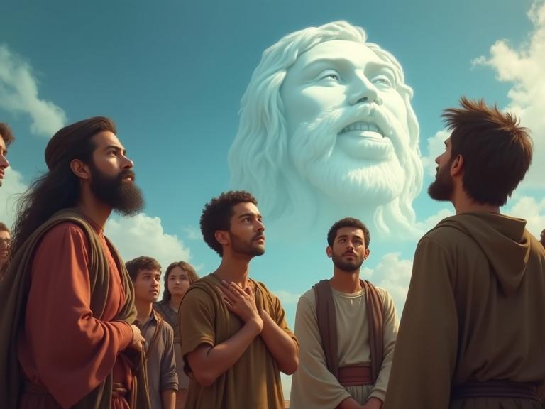 A group of villagers gazing upward with a faint image of Enoch’s serene face in the sky in realistic style and soft lighting