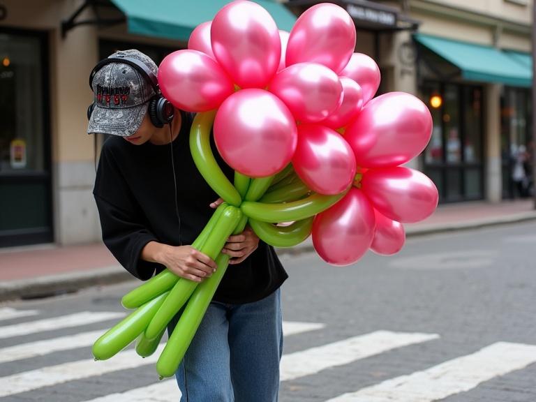 Street style capture of person holding balloon flowers. Vibrant metallic pink petals and lime green stems. Casual dress in oversized black top and blue jeans. Urban background with shops and pavement. Playful and trendy vibe.