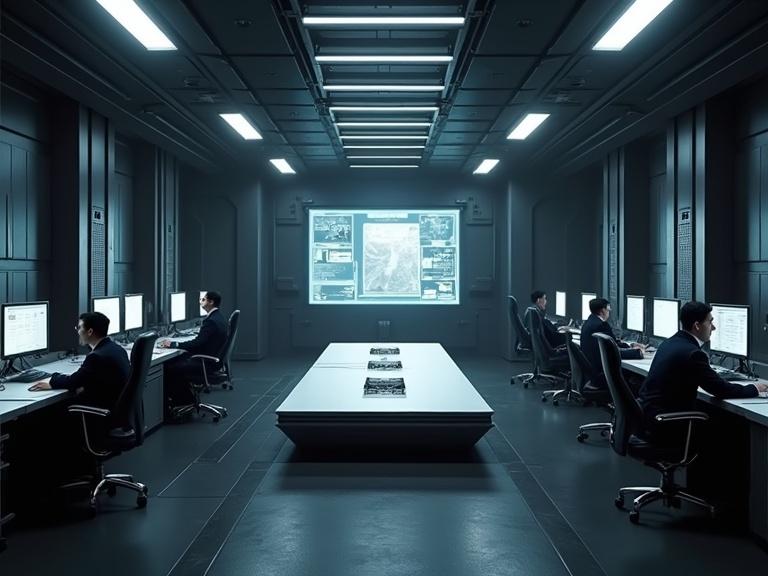Cinematic depiction of a dark sci-fi command center. Features a low ceiling and blocky design. Central strategy table surrounded by bright monitors. Dark atmosphere with bright lighting from screens. Metal details and diagonal textures throughout the space. Military personnel in navy uniforms utilizing the technology.