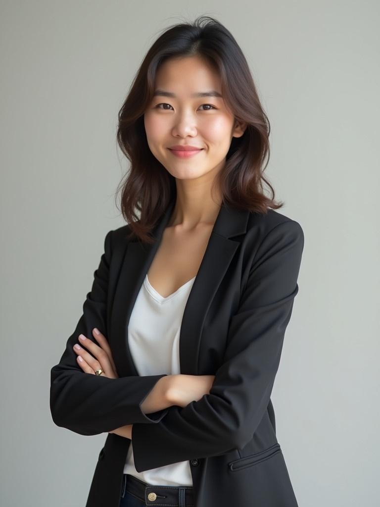 AI Avatar of thirty-year-old woman with Vietnamese descent. She stands confidently with a suit jacket and t-shirt. Hair looks nice. Background is neutral. Arms crossed conveys confidence.