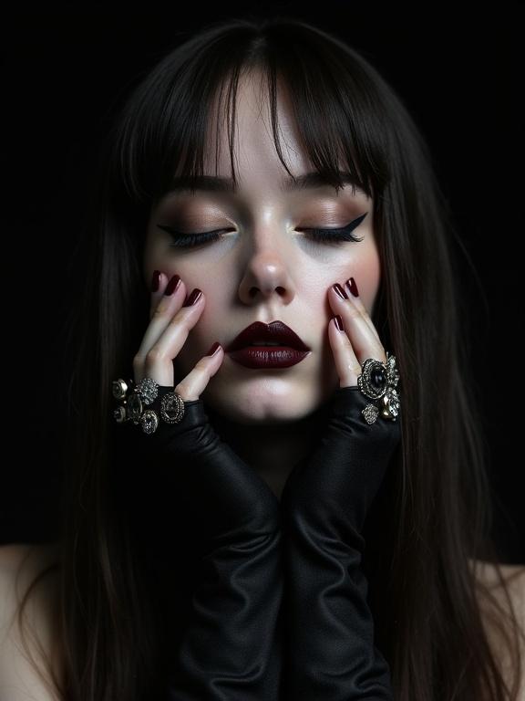 Close-up portrait of woman with long hair. Dark lipstick and eyeliner highlighted. Eyes are closed, face touched by hand with rings and gloves. Soft lighting creates shadows on smooth skin. Slight low camera angle adds intimacy. Modern editorial style with black background.
