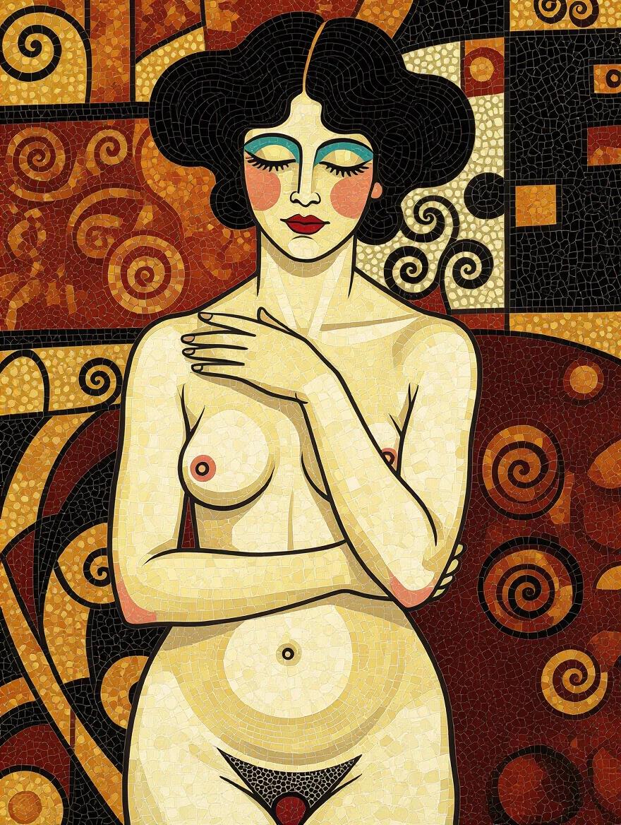 Nude woman in pointillist style with intricate patterns. Colorful textures and elements reminiscent of Gustav Klimt's work. Emphasis on feminine form and beauty.