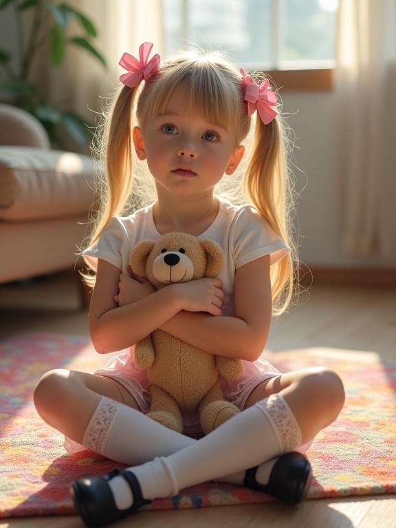 A girl with blonde hair styled in twin tails sits on a colorful rug in a softly lit room. She wears a white crop top and pale pink skirt, with thigh-high socks and black shoes. Her expression shows innocence as she holds a teddy bear close.