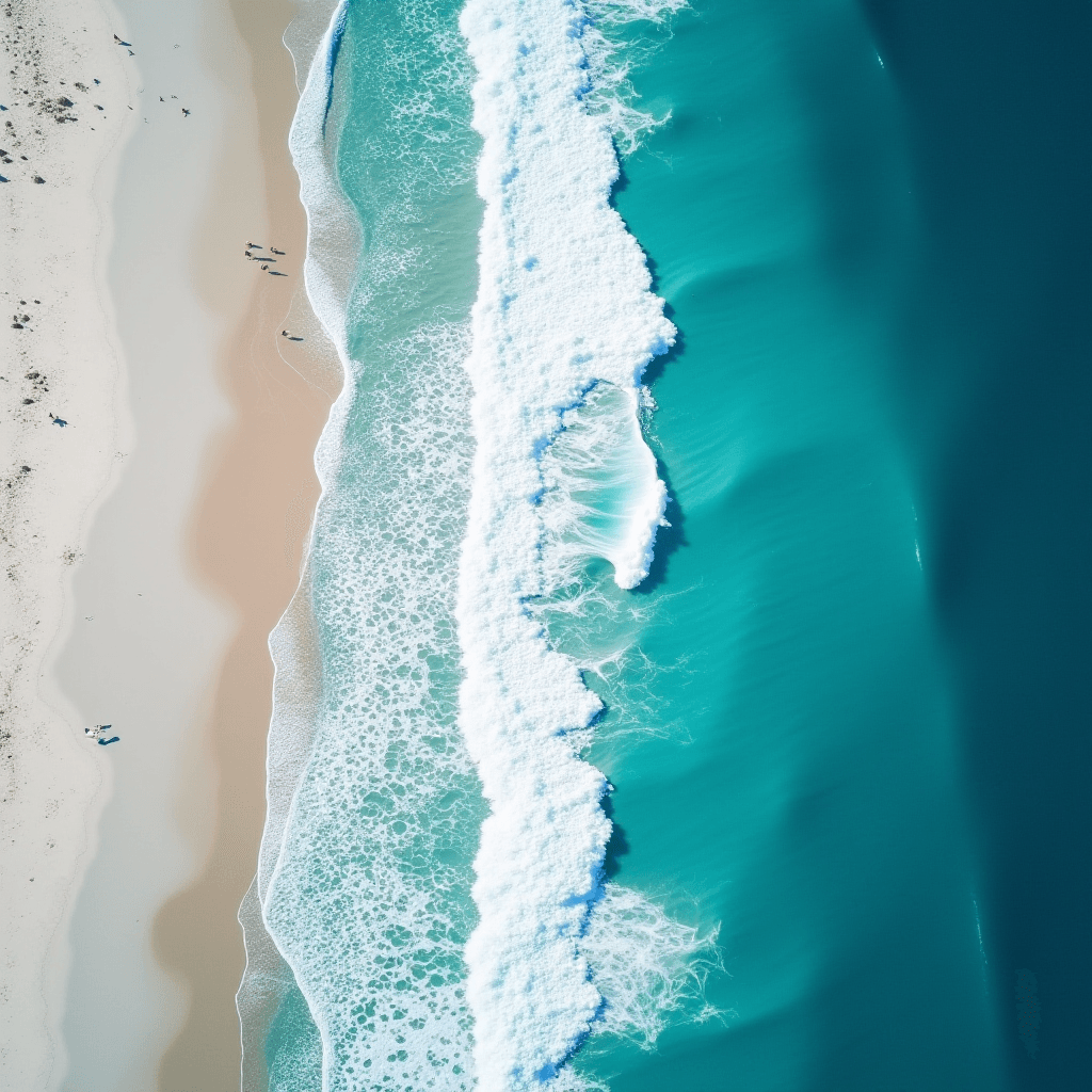 An aerial view of turquoise waves rolling onto a sandy beach.