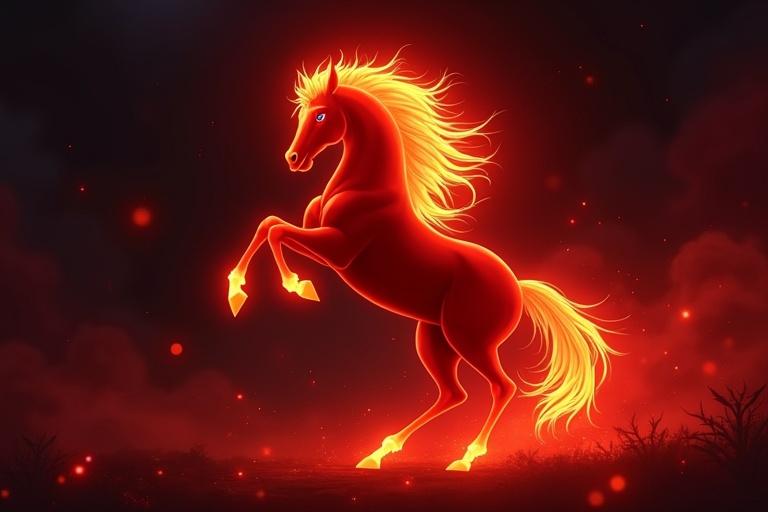 A light red horse is rearing up. The background is dark and swirling. The style is inspired by Disney anime. The horse is fiery and majestic.