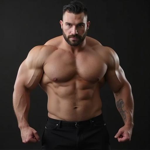 Muscular individual posing strongly against a black background
