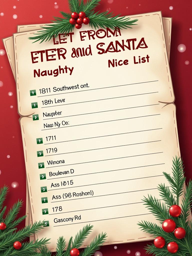 Letter from Santa featuring naughty and nice list. Nice list has several addresses. Naughty list includes specific addresses. Decorated with Christmas decorations like holly and snowflakes.