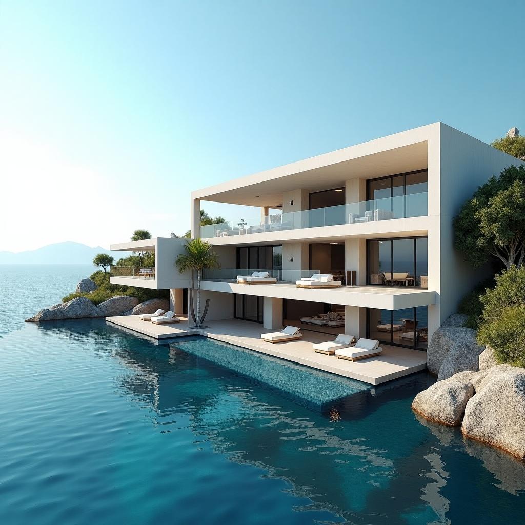 3D rendering of a large luxurious villa in Greek style by the blue sea. Villa features multiple balconies and palm trees. Daylight illuminates the scene.