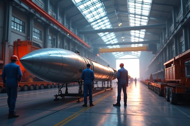3D animation shows a BrahMos missile assembly. Engineers collaborate in a DRDO-Russian facility. Vibrant silvers, blues, reds. Ultra-HD 4K resolution, 16:9 ratio. Highlights international partnership.