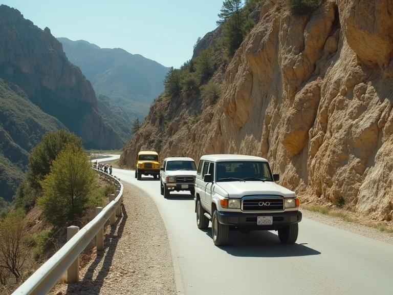Realistic photograph showing two 4x4 vehicles on a winding mountain road. The road hugs the cliffs with a narrow path. The landscape features steep rocks and sparse vegetation. The scene reveals a remote area with a simple guardrail. This moment captures travel in nature.