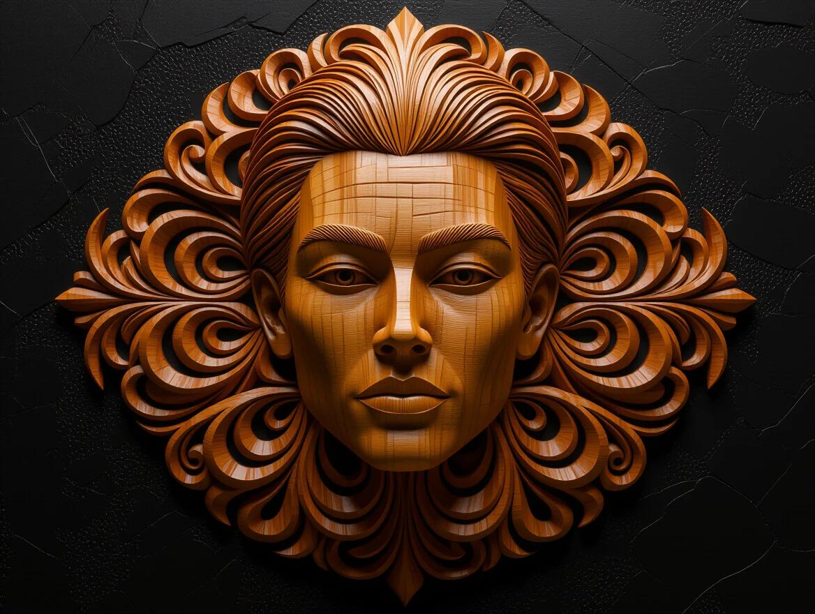 Intricate carved wooden design featuring tribal patterns. Dark flaming background enhances the wood's contrast. Hyperdetailed craftsmanship showcases a unique artistic style. 3D rendering adds depth and texture.