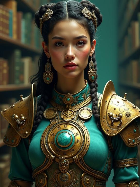Digital fantasy art portrait of warrior in ornate steampunk armor. Armor features turquoise and bronze colors with mechanical details. Chest piece has circular brass emblem decorated with turquoise gemstones. Large shoulder pauldrons with gears. Braided leather headpiece with metal accents and large earrings. Background shows dimly lit library with green bookshelves. Lighting highlights metallic armor details while casting shadows. Armor has weathered, antique appearance with patina.