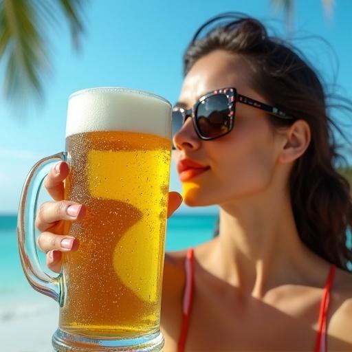 A glass mug filled with beer fills the entire screen. The mug's surface has condensation. A beautiful woman wearing sunglasses leans against the mug. The background shows a tropical blue sky.