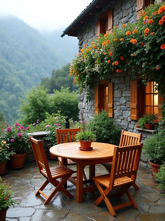 The image showcases a mountain patio scene featuring a stone cottage terrace adorned with vibrant flowers. In the center, a rustic wooden dining set consists of a round table surrounded by four high-backed chairs. The backdrop features a misty mountainous landscape, creating an inviting and serene ambiance.