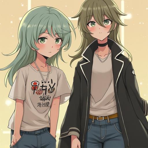 Two stylized characters are standing side by side. Characters wear trendy outfits with short pants and tank tops. The hair is dyed in pastel shades. Background features a soft, dreamy ambiance.