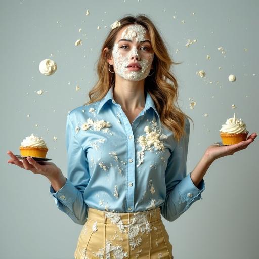 Ultra realistic image of a woman in a light blue satin shirt and gold skirt. The shirt is messy and clinging. Her face is covered with whipped cream. She has whipped cream on her clothes and is holding a tart. The scene is chaotic with bright lighting. Composition centered on her with a humorous atmosphere.