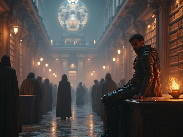 Vast ancient library scene with a cyberpunk warrior sitting on a desk. Many people in robes are present. Soft glow creates a mystical ambiance. Photorealistic details enhance the fantasy theme.