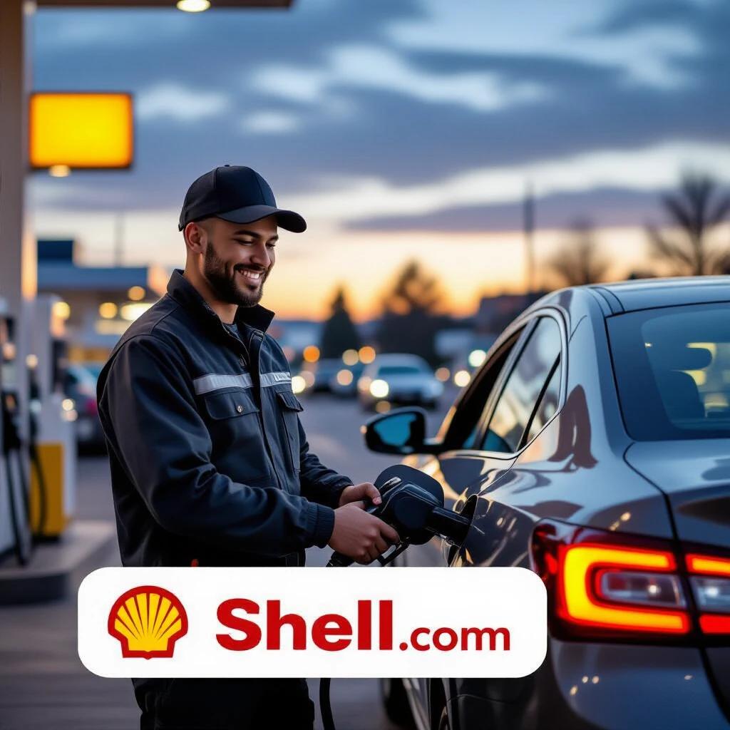 Employee at fuel station refilling vehicle. Evening setting with soft light. Text overlay with company name Shell.