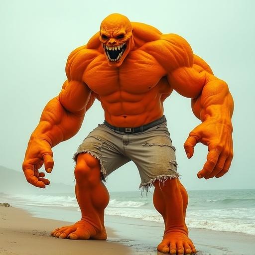 A giant muscular orange monster stands on a beach. The monster wears torn shorts. The sea and sandy background appear light and inviting. The creature has a powerful physique with arms and legs prominently displayed. The scene captures an engaging moment.
