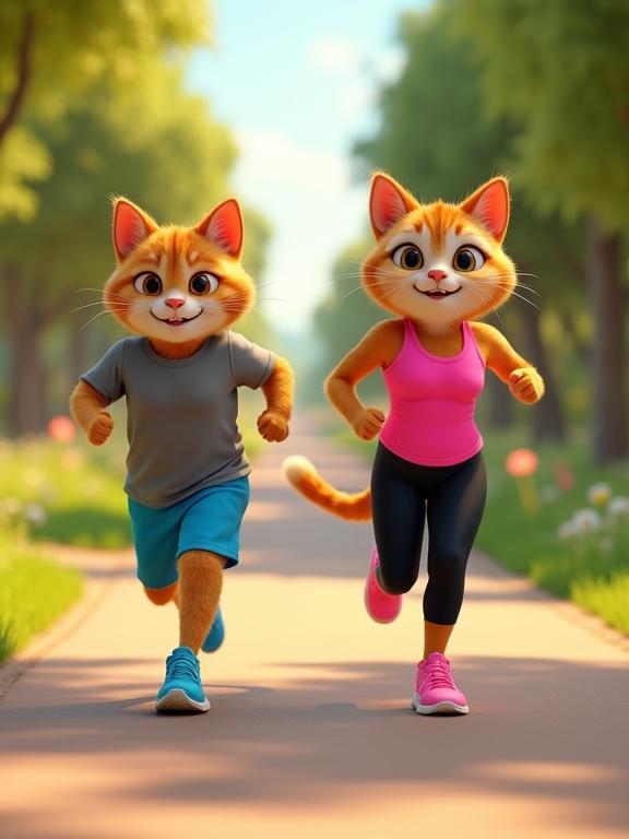 3D render of two anthropomorphic cats in Pixar style. One male wearing blue shorts and grey t-shirt. One female in black leggings and pink tank top. Both running energetically in a sunny park. Lush greenery and flowers in background.