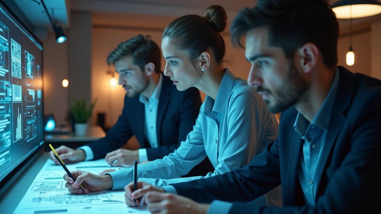 Three professionals working in a high-tech design studio. They are using BIM and AI tools to collaborate on a project. Close-up shots highlighting their concentration and creativity. Environment shows a modern workspace with screens displaying designs.