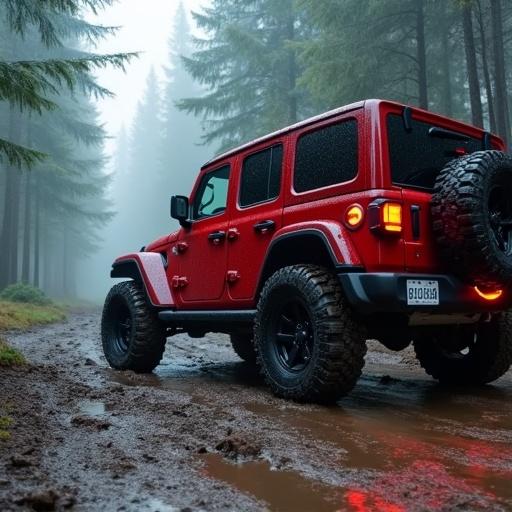 A hyper-realistic red off-road 4x4 parked on a wet, rugged forest trail. The jeep has mud-covered tires. Surrounding are tall misty pine trees. Rain droplets glisten on the vehicle. The muddy track has shallow puddles. There are tire impressions. The environment feels cold and foggy. An overcast sky provides soft light. The jeep is slightly tilted on tough terrain. Captured from the rear-left side in ultra-sharp details.