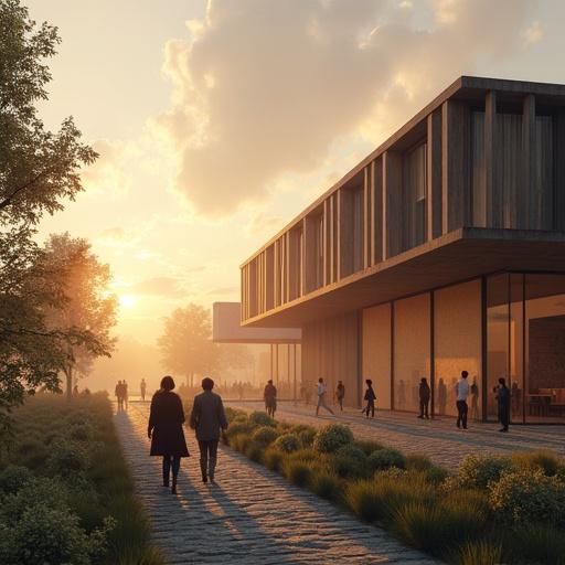 Architectural visualization of a modern building at golden hour. People gather and walk around the structure. The image follows the rule of thirds to create a balanced composition.