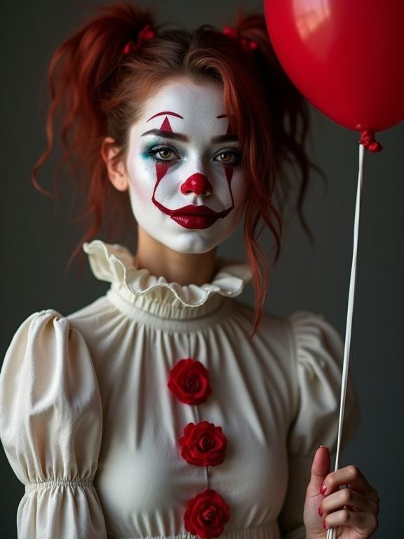 A young slim petite woman is dressed as a clown with white, black, and red face paint. She holds a red balloon while wearing her hair in pigtails. The image showcases details, shadows, and textures. It has a 4k resolution with specular highlights.