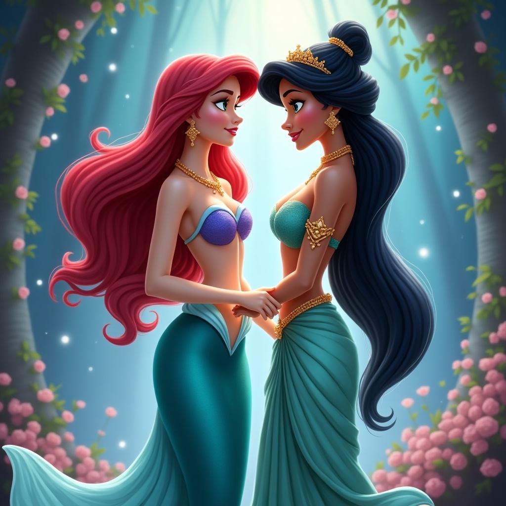 Princess Ariel and Princess Jasmine standing together with vibrant hair. Ariel wears a seashell bikini and Jasmine wears a green saree. A magical forest background with gentle lighting.