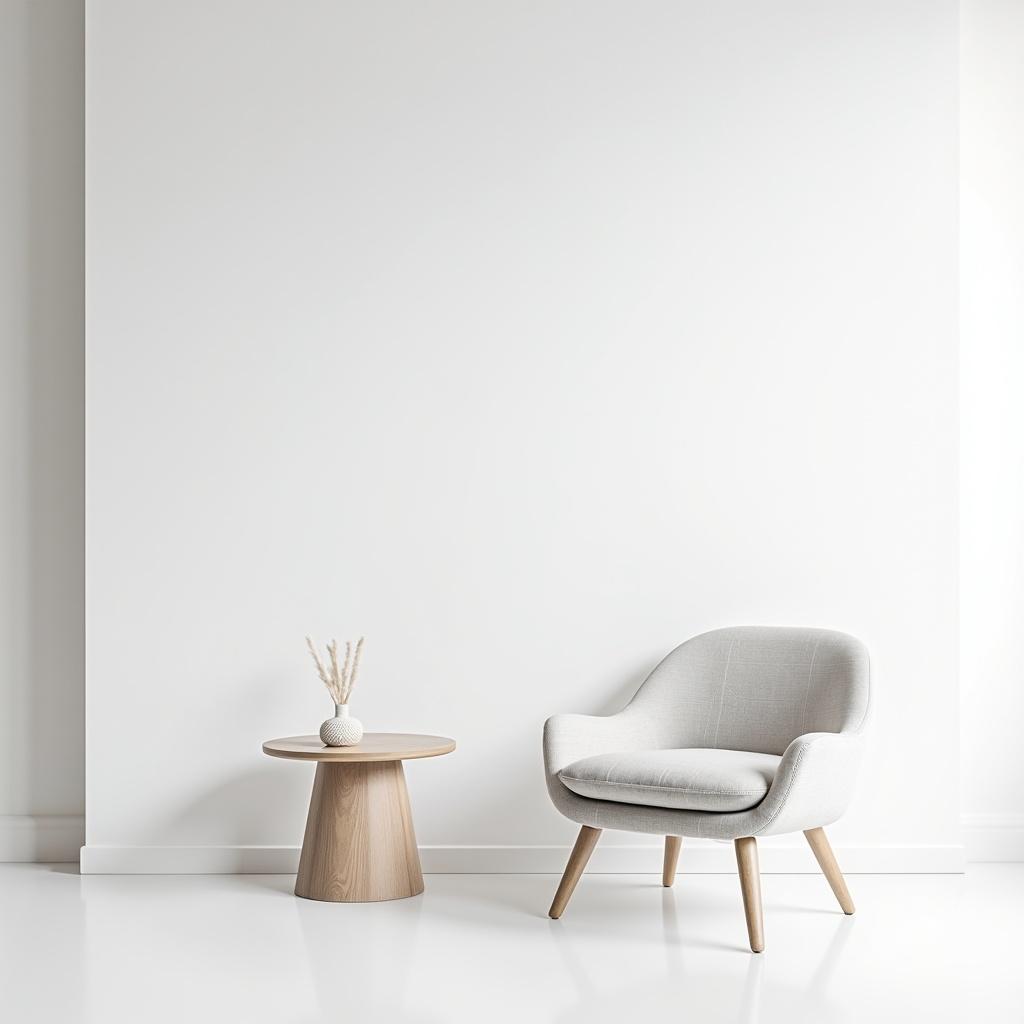 a minimalist interior design scene with a light gray armchair and a small wooden table against a white wall