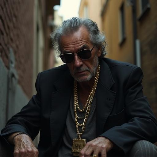 An older man in a stylish black blazer sits in an alleyway. Chains adorn his neck. His sunglasses reflect a menacing vibe. Shaded light gives a dramatic effect. Background elements show narrow alley walls.