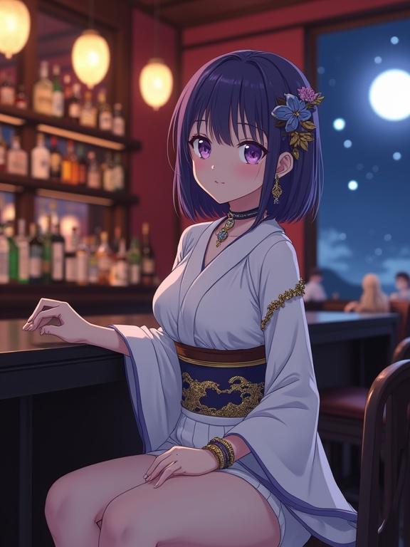 A young Japanese woman seated on a bar stool in a cozy bar. She has violet bob hair with a flower decoration. The woman wears a white kimono with gold and silver wave patterns. Elegant jewelry adorns her neck and arms. The bar is softly lit with a warm ambiance and stocked shelves. A large window shows a moonlit night sky. The scene captures serene sophistication in high detail.