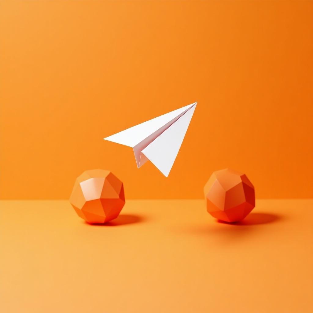 White origami paper airplane hovers above smooth orange surface. Two faceted orange spherical objects in background.