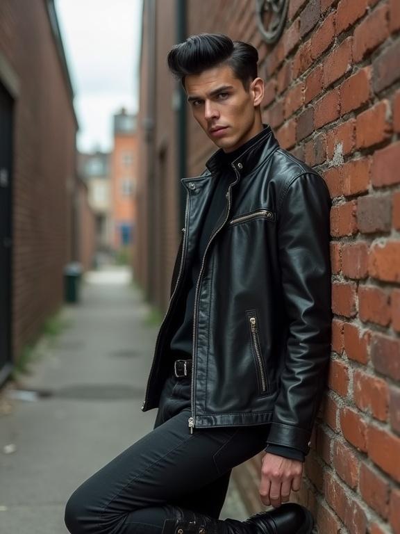 Styling emulates 1950's greaser fashion. Model wears tight black jeans and leather jacket. Features a slick black pompadour hairstyle. The setting is a narrow alleyway with a brick wall. The mood is trendy and urban.