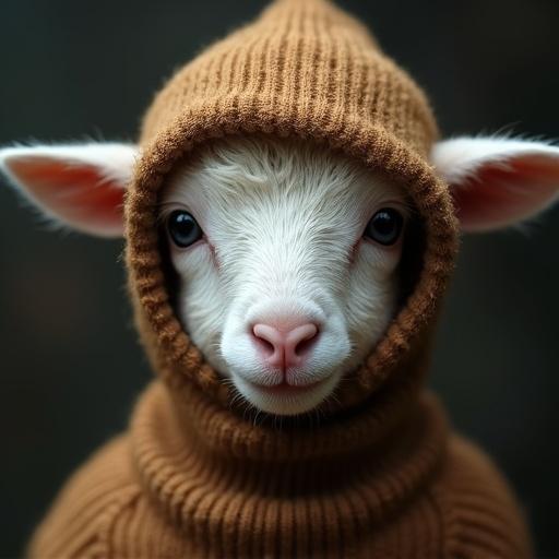 Portrait of a little lamb wearing a brown hood. The lamb's eyes and mouth are visible.