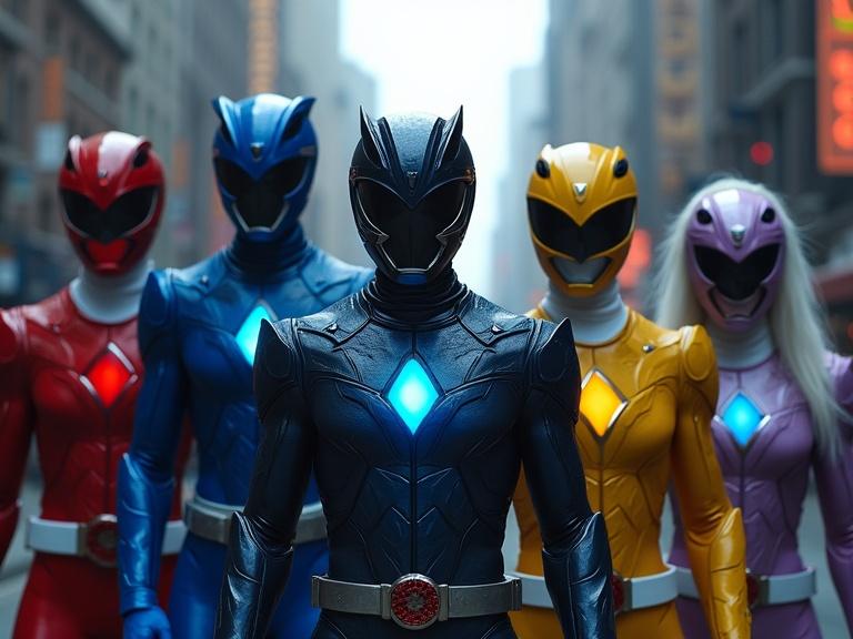 A group of five Power Rangers stands in a cloudy urban street. There are detailed textures with reflective armor and glowing elements. Rangers include red, blue, yellow, black, and light purple characters. Each has unique features and outfits.
