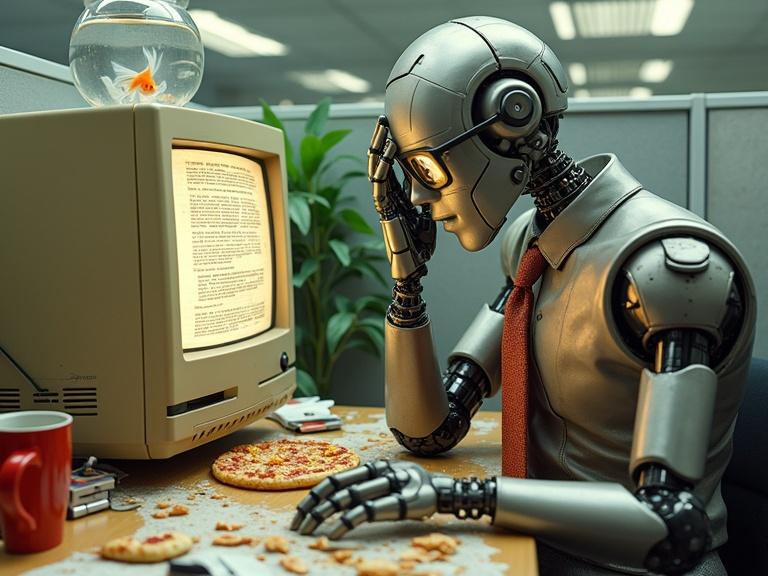 A retro-futuristic robot sits at a messy desk. The robot is metallic and wears glasses, a rumpled suit, and a tie. It is hunched over a 1990s beige desktop computer with a CRT monitor. The screen shows distorted text. The desk has pizza slices, soda cans, floppy disks, a coffee mug, and a red stapler. A fishbowl with a goldfish is on the monitor. The robot's hand is on its forehead, showing despair. There is a wilting plant in the corner and harsh fluorescent light overhead.